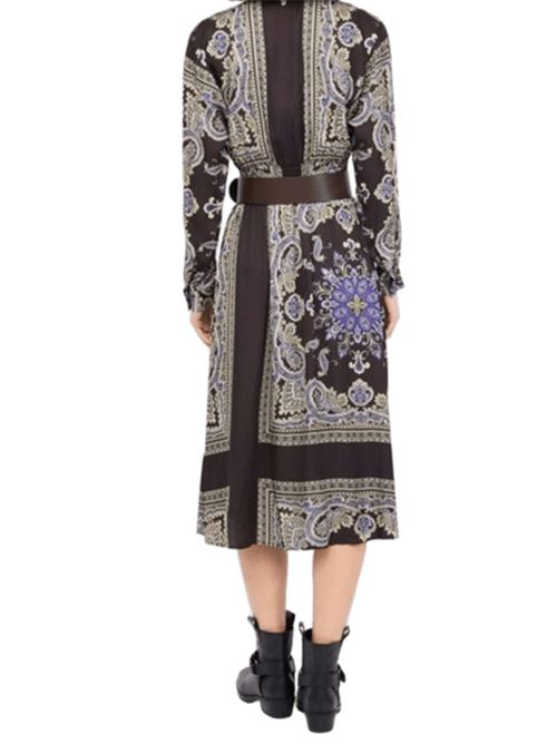 Vestito midi a manica lunga  in viscosa con cintura e stampa all-over sullo sfondo marrone. LIU JO | MF5394-TS117P9141
